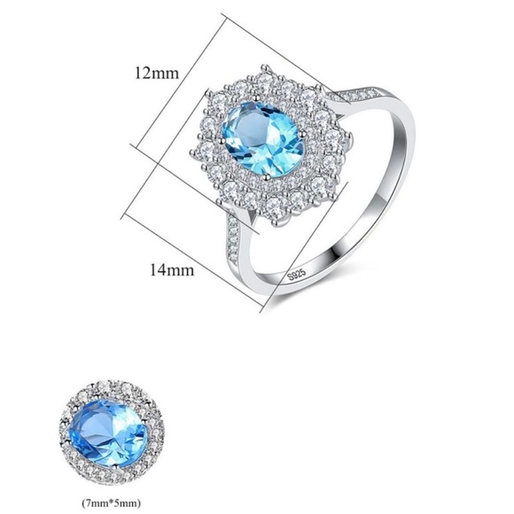 925 Sterling Silver With White Gold Plated Delicate Blue Topaz Oval Band Ring - Picture 3 of 4